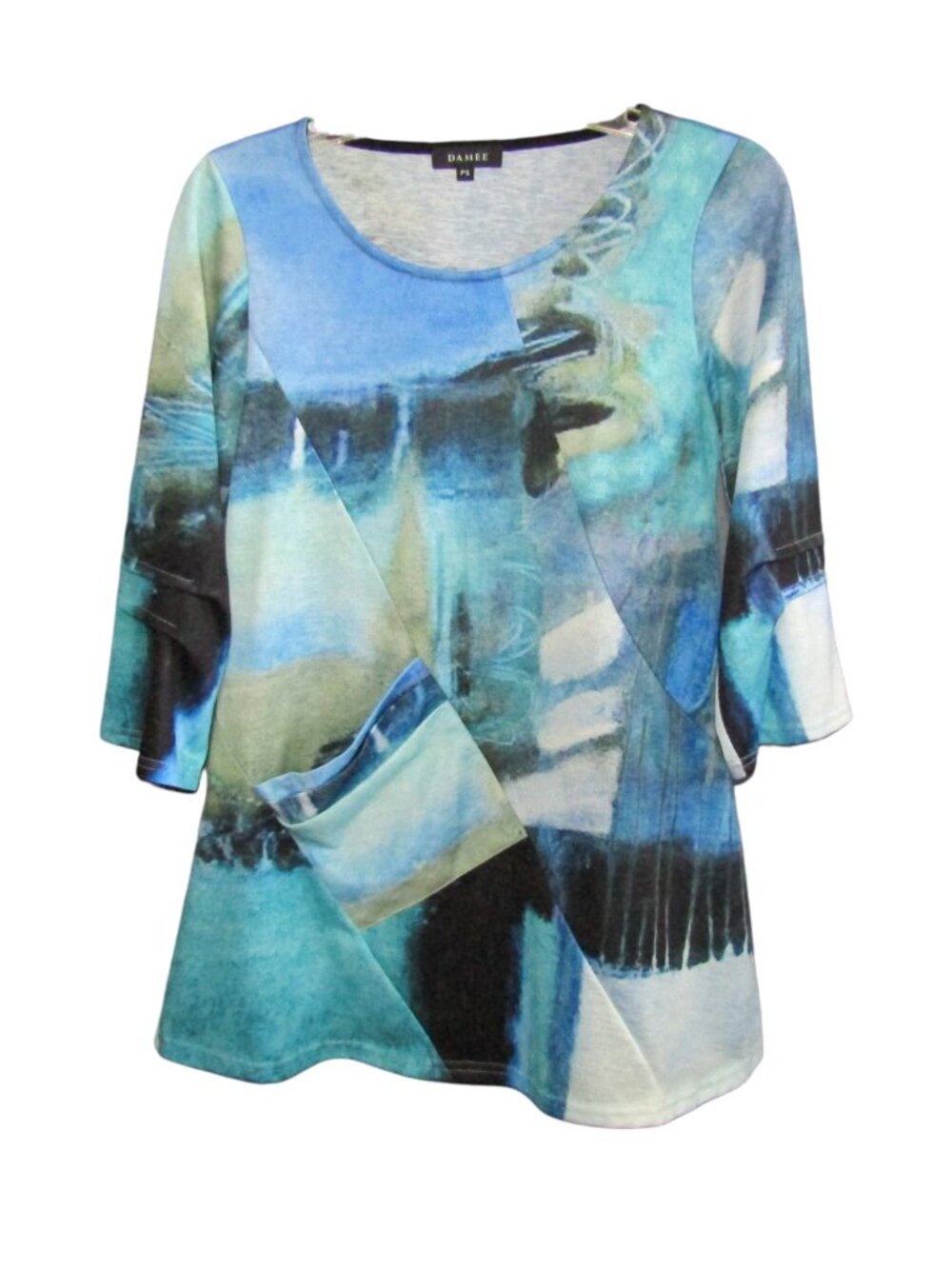 Damee Abstract Print Top Size PS Blue Black 3/4 Sleeve Artsy Lagenlook Pocket